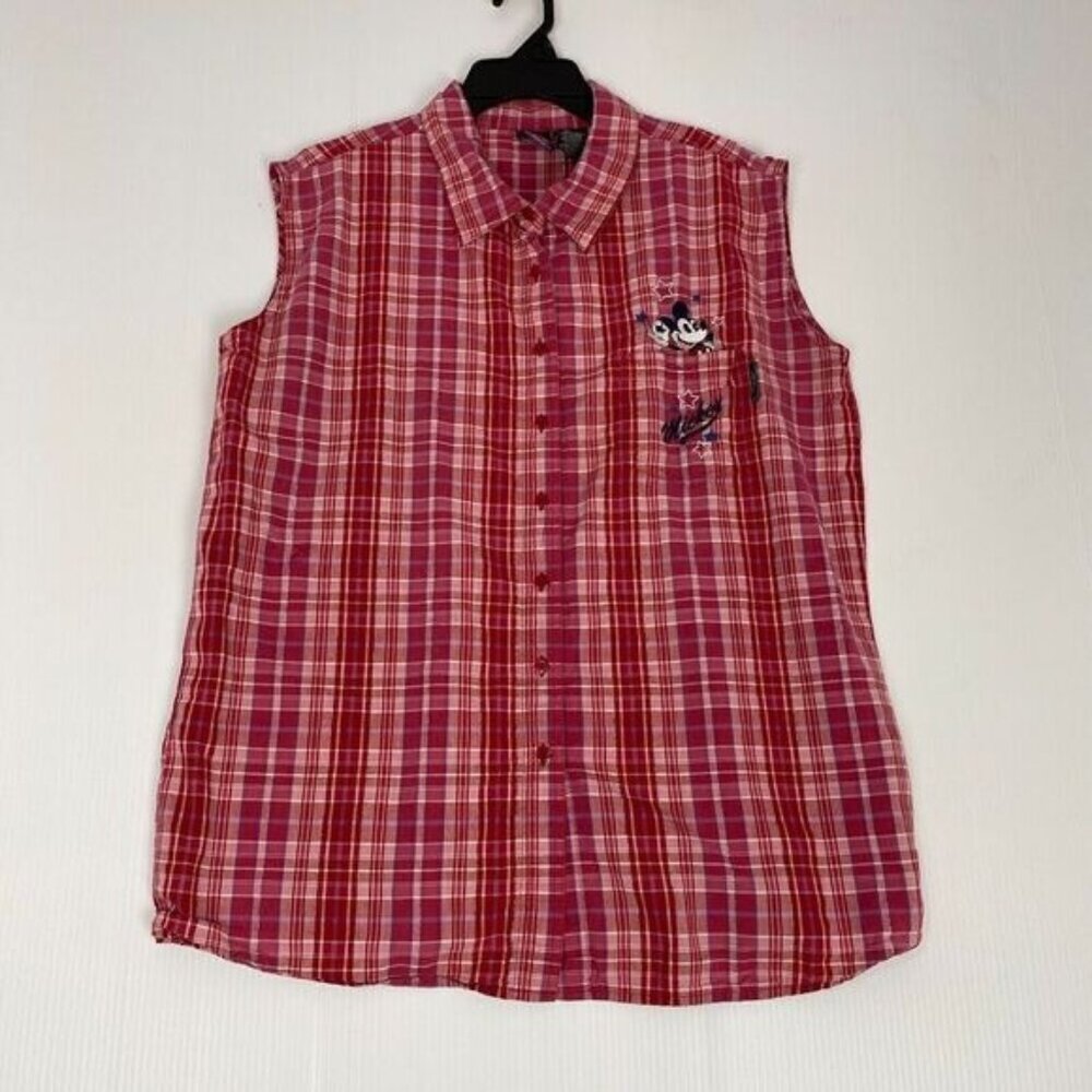 VTG Mickey Unlimited Disney Size 26/28 Women Top Red Plaid Embroidered sleeveles